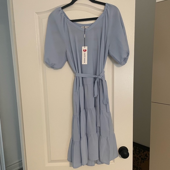 NWOT Kate Kasin SHEIN light blue knee length dress removable belt, size small - Picture 6 of 7